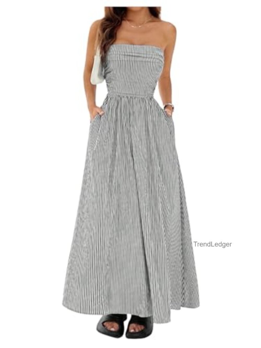 Striped Strapless Maxi Dress Smocked Waist Side Pockets Casual